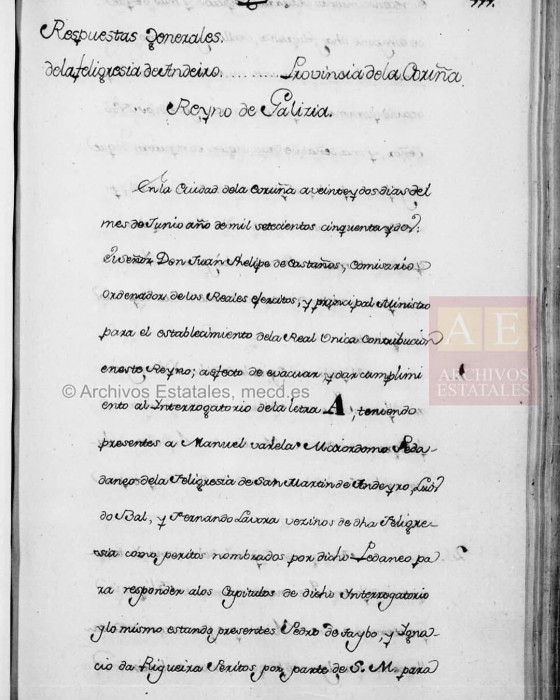 Catastro de Ensenada, respuestas generales de la feligresía de Andeiro, Provincia de La Coruña, Reyno de Galizia, 22 JUN 1752: «En la Ciudad de la Coruña...Pedro de Taybo...Perito por parte de S.M. para el reconocimiento de tierras, oficios y mas de que se compone dha feligresia...»